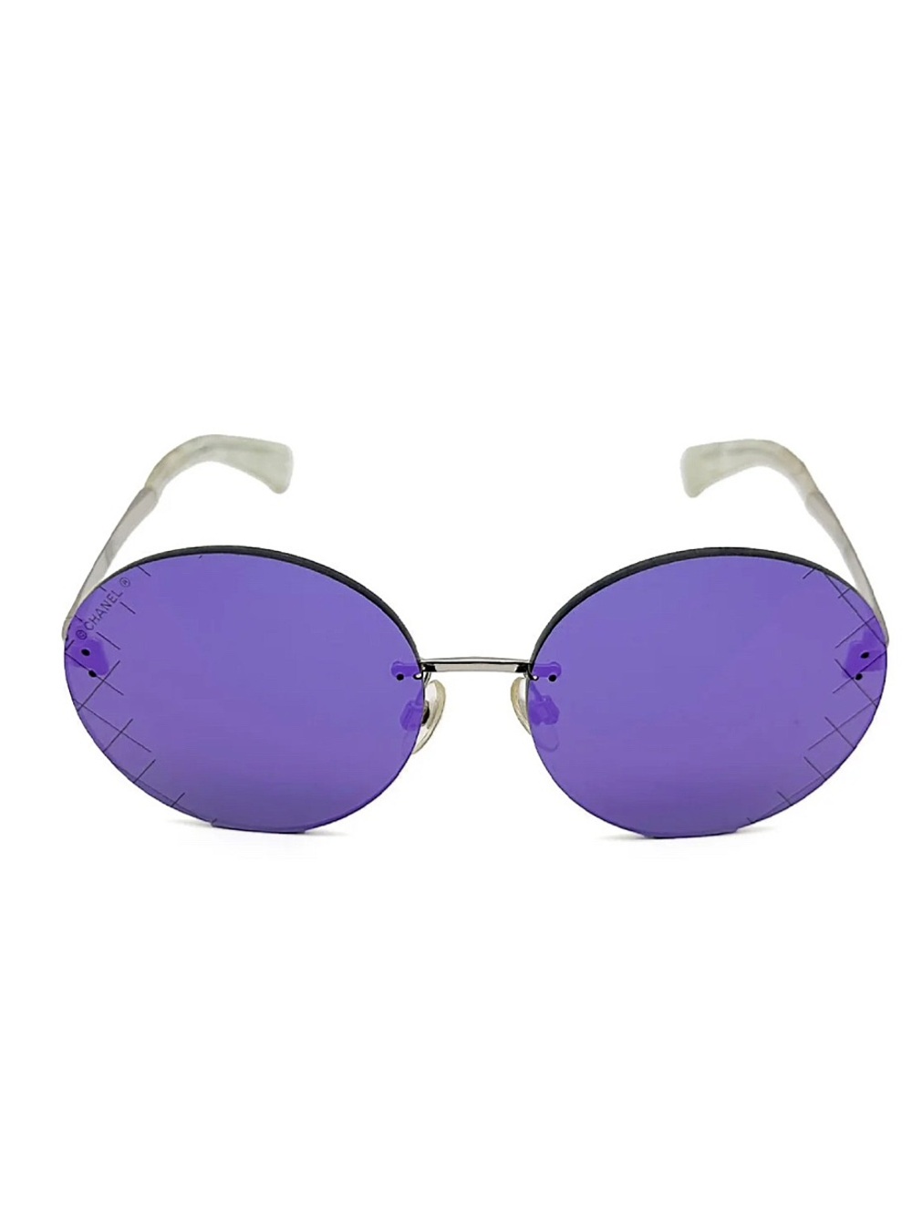 CHANEL CC RUNWAY Purple Mirrored Quilting Crosshatch Round Sunglasses